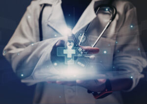 doctor with medical icons surrounding him OMF blue 2